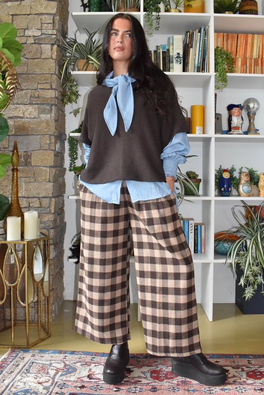 Nora Brushed Cotton Gingham Kick Pant Coffee Bean